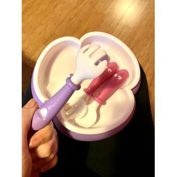 BabyBjorn 2 Seturi hranire: farfurie, lingurita si furculita pentru bebe pink / purple