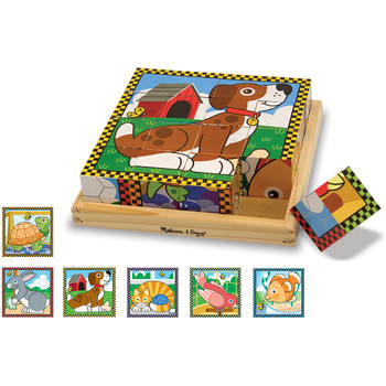Melissa & Doug Puzzle lemn din cuburi Animale de casa - 16 piese