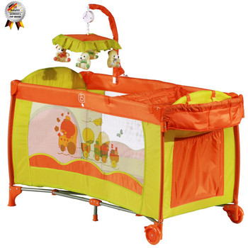 BabyGO Patut pliant cu 2 nivele si mini-carusel Sleeper Deluxe orange