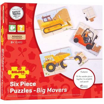BigJigs Toys Set 3 puzzle din lemn - Vehicule pentru constructii