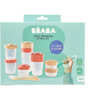 Beaba Set 12 recipiente ermetice si 2 lingurite silicon - roz