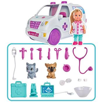 Simba Set Evi Love Doctor Evi 2 in 1 Vet Mobile, masina cu papusa 12 cm si accesorii