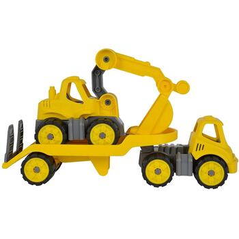 Set Big Camion cu remorca si excavator Power Worker Mini Transporter with Digger