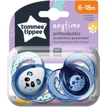 Suzeta ortodontica Tommee Tippee Anytime, 6-18 luni, Ursuleti Panda, Albastru/Alb, 2 buc
