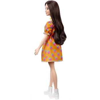 Mattel Papusa Barbie Fashionista Satena Cu Rochita Portocalie Cu Buline