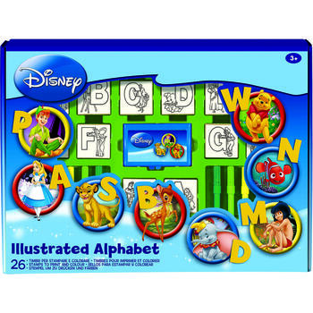 Set educativ cu stampile Alfabet Disney 46 piese, 26 stampile, tus, 18 carioci si caiet cu activitati Multiprint MP1936