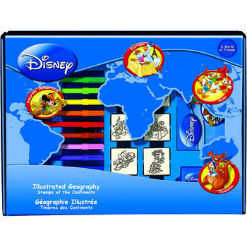 Set educativ cu stampile Geografia Disney 23 piese, 7 stampile, tus, 12 carioci, rigla, harta lumii si caiet cu activitati Multiprint MP1938